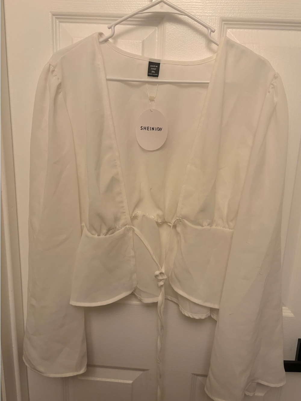SHEIN Cream V-Neck Long Sleeve Drawstring Blouse